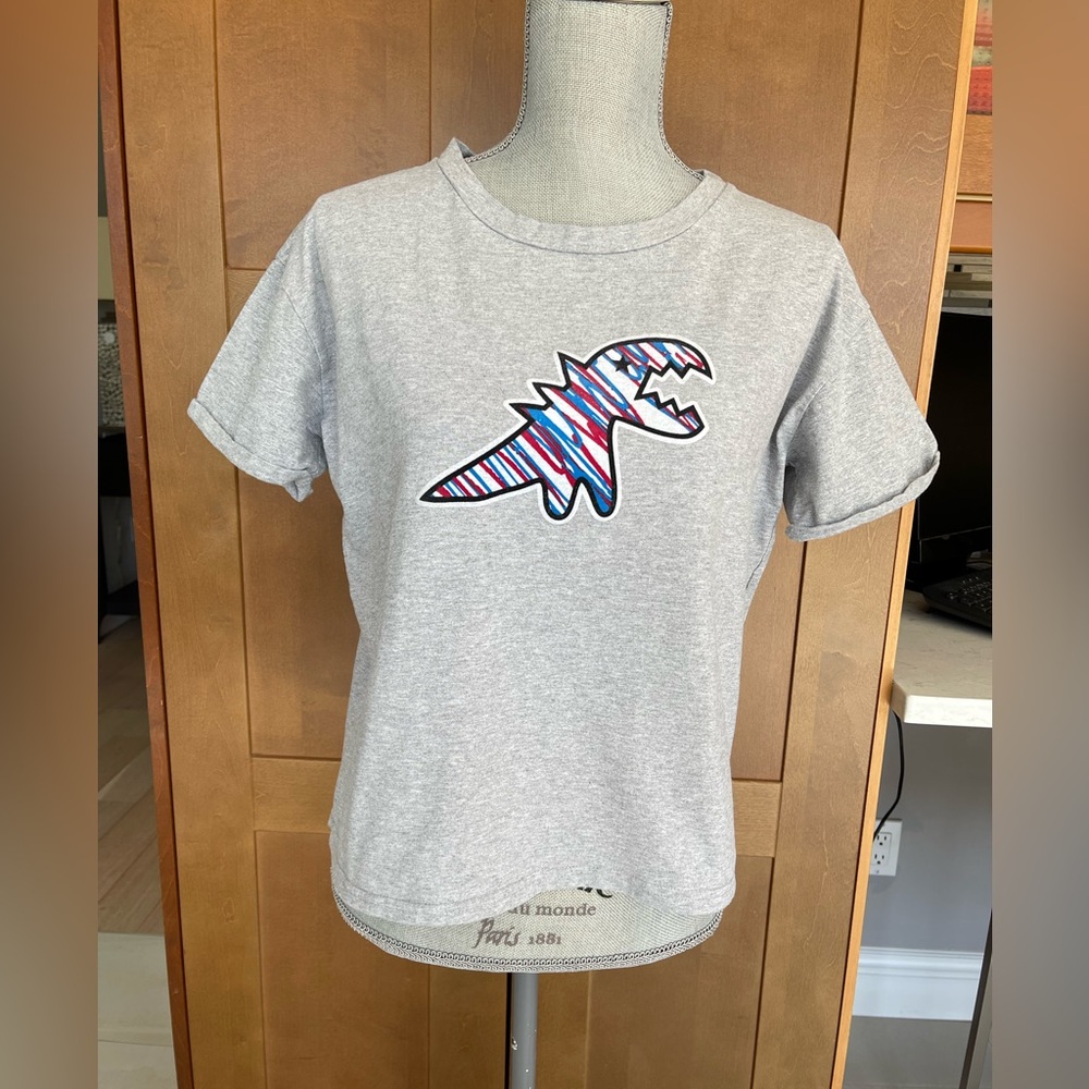 SPORT B. by AGNES B. Dino Print Grey Cotton T-Shirt, Women's Size Medium